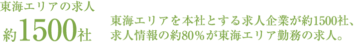 東海エリアを本社とする求人企業が約1500社、求人情報の約80％が東海エリア勤務の求人。