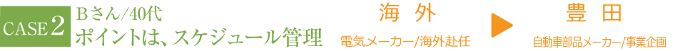 ケース2。Bさん/40代。ポイントはスケジュール管理。海外（電気メーカー/海外赴任）から豊田（自動車部品メーカー/事業企画）へ転職